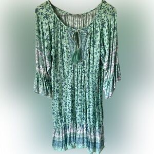 Silk Floral Boho Dress Tiered Bell Sleeves Tassel Tie Mint Green Size XL